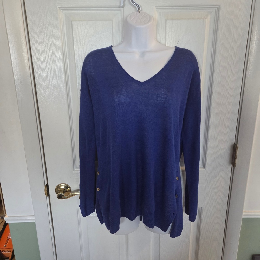 Lilly Pulitzer Womens Blue 100% Linen V-Neck Side Button Sweater Small Coastal